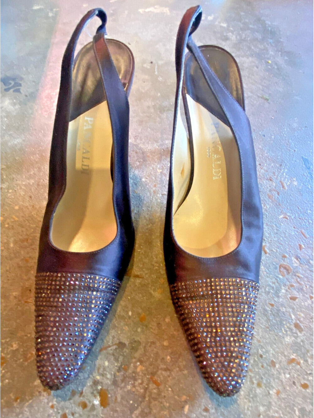 Paloma Barceló Black Satin Slingback Heels with Rhinestone Toe Cap Size 39